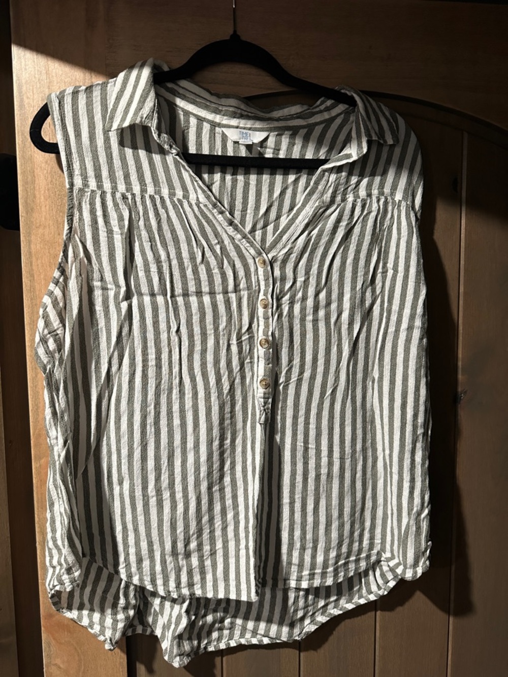 Sleeveless V-Neck Button Front Striped Top - Olive and White